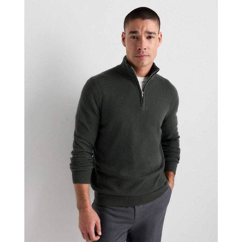 Quince Men's 100% Cashmere Forest Green Quarter Zip Pullover Sweater - XL